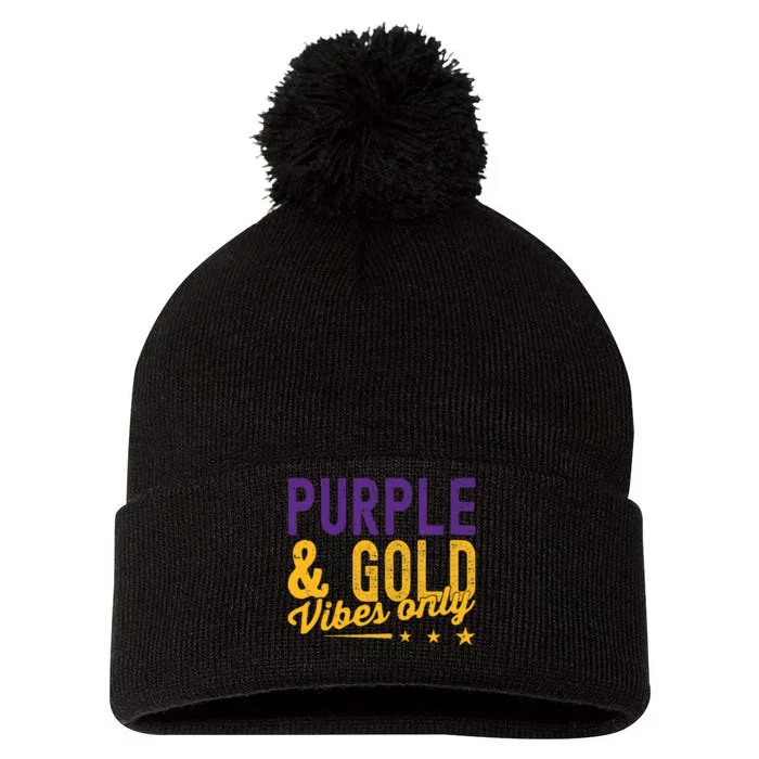 Purple And Gold Vibes Only Game Day For High School Football Pom Pom 12in Knit Beanie