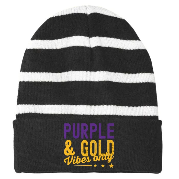 Purple And Gold Vibes Only Game Day For High School Football Striped Beanie with Solid Band