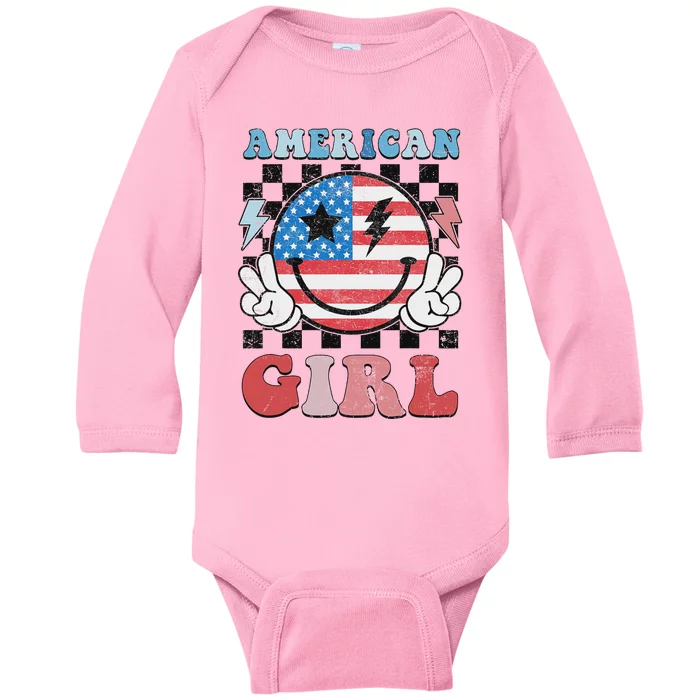 Patriotic American Girl 4th Of July Baby Long Sleeve Bodysuit