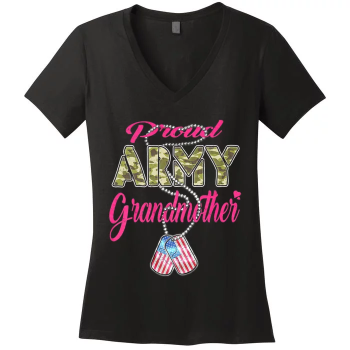 Proud Army Grandmother Camo Us Flag Dog Tag Military Grandma Women's V-Neck T-Shirt