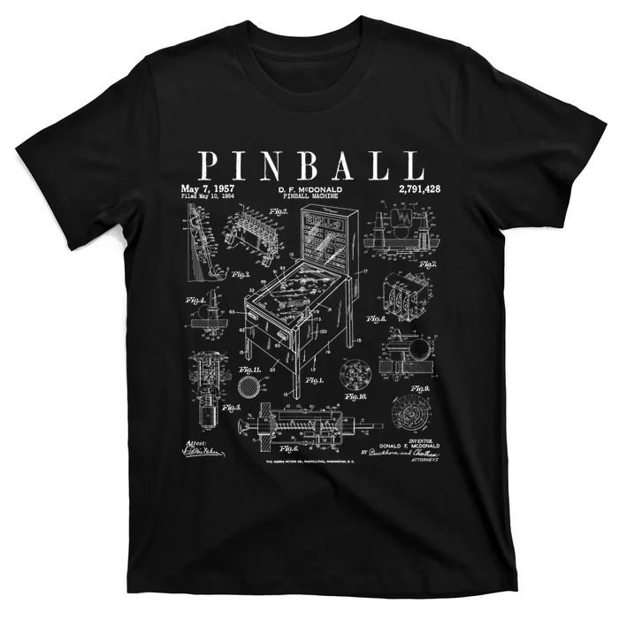 Pinball Arcade Gaming Machine Vintage Gamer Patent Print T-Shirt