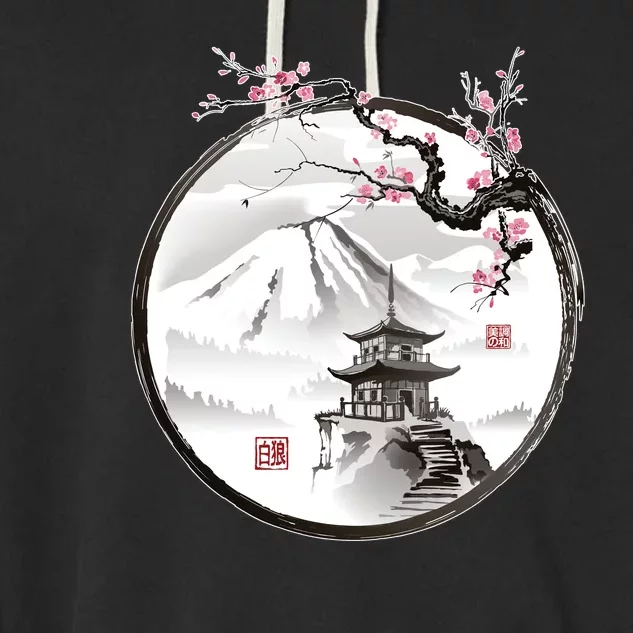 Pagoda Japanese Ink Painting Garment-Dyed Fleece Hoodie