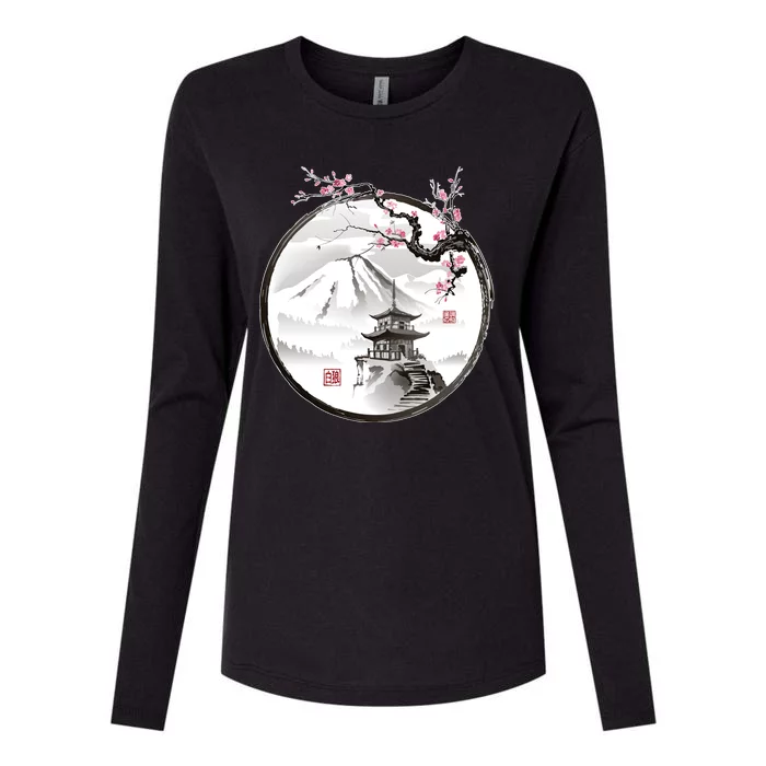 Pagoda Japanese Ink Painting Womens Cotton Relaxed Long Sleeve T-Shirt