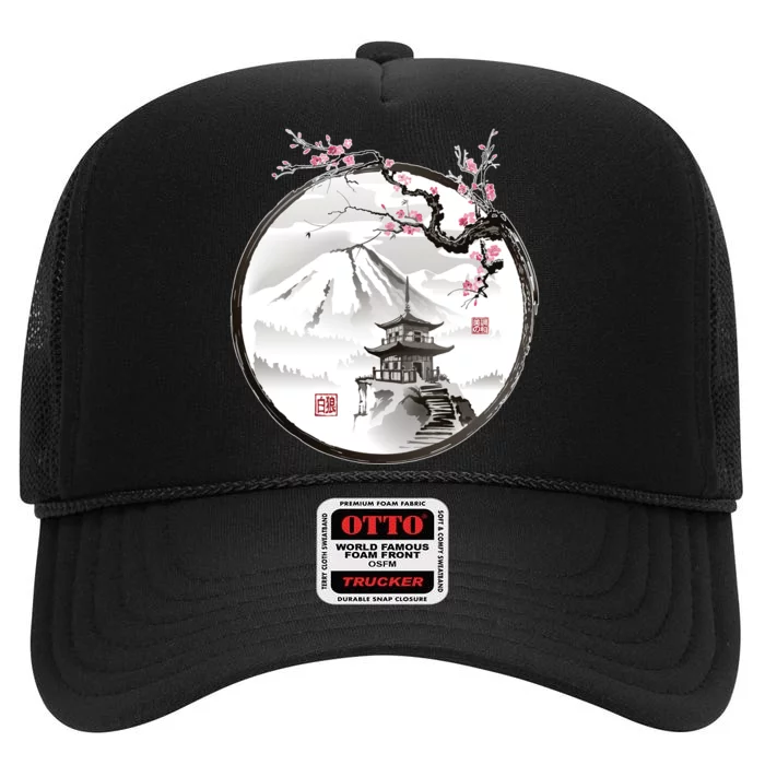 Pagoda Japanese Ink Painting High Crown Mesh Trucker Hat