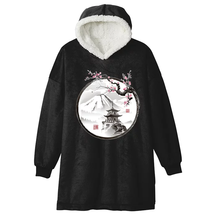 Pagoda Japanese Ink Painting Hooded Wearable Blanket