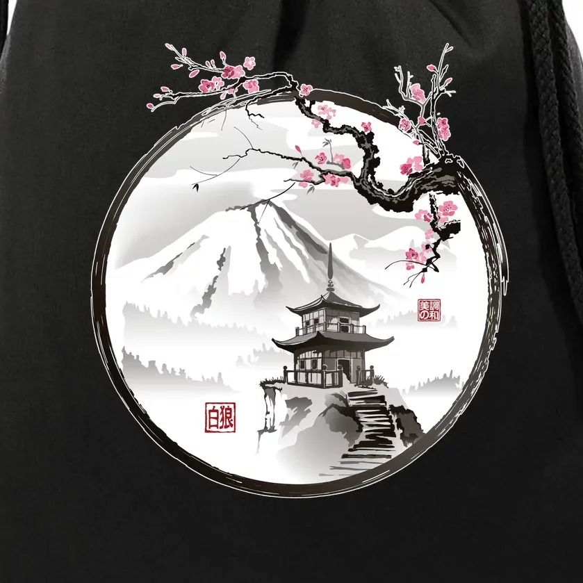 Pagoda Japanese Ink Painting Drawstring Bag