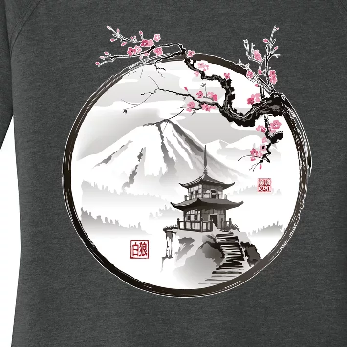 Pagoda Japanese Ink Painting Women's Perfect Tri Tunic Long Sleeve Shirt