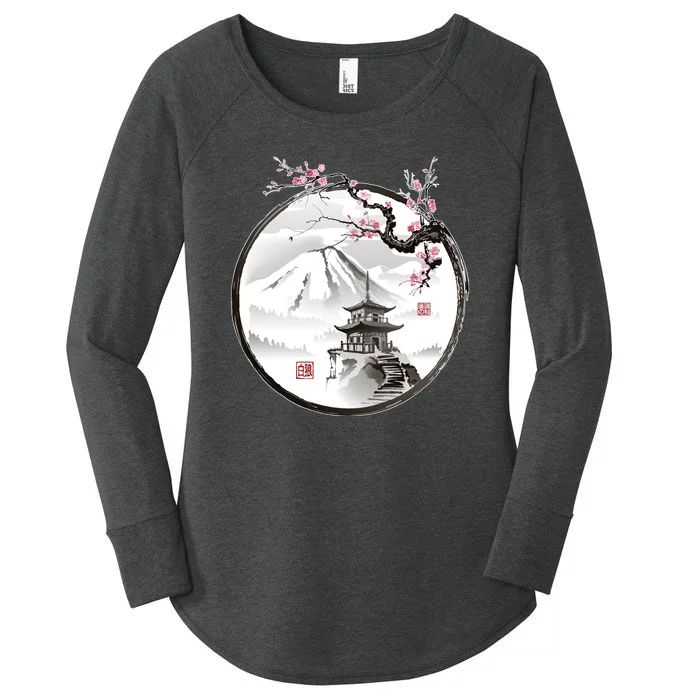 Pagoda Japanese Ink Painting Women's Perfect Tri Tunic Long Sleeve Shirt