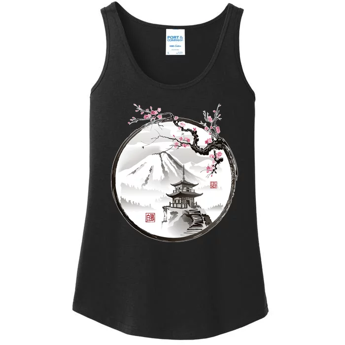 Pagoda Japanese Ink Painting Ladies Essential Tank