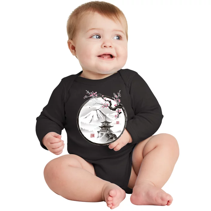 Pagoda Japanese Ink Painting Baby Long Sleeve Bodysuit