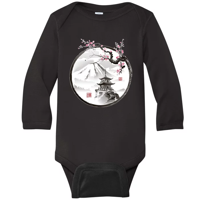 Pagoda Japanese Ink Painting Baby Long Sleeve Bodysuit