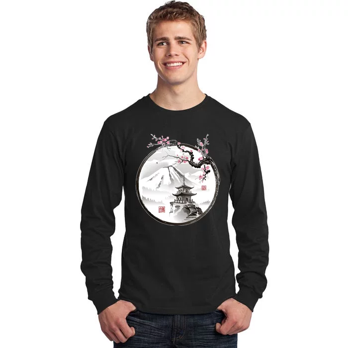 Pagoda Japanese Ink Painting Tall Long Sleeve T-Shirt