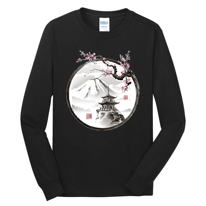 Pagoda Japanese Ink Painting Tall Long Sleeve T-Shirt