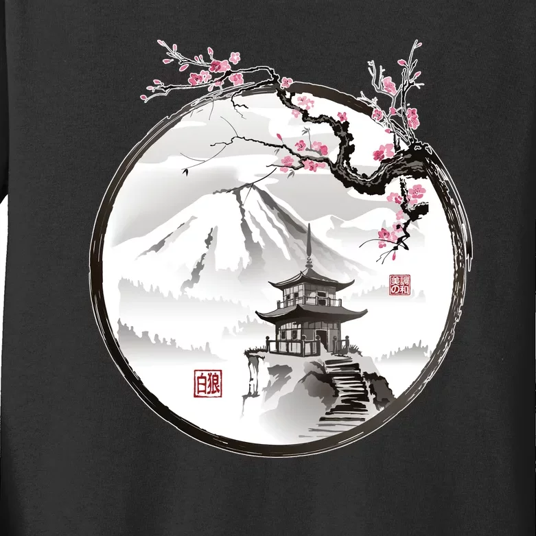 Pagoda Japanese Ink Painting Kids Long Sleeve Shirt