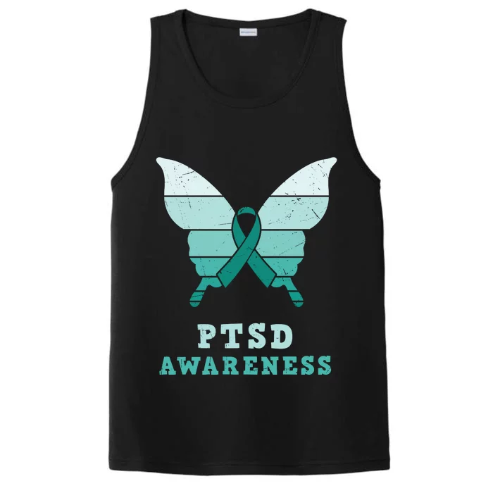 PTSD Awareness Hope Support Love Butterflt Ribbon Performance Tank