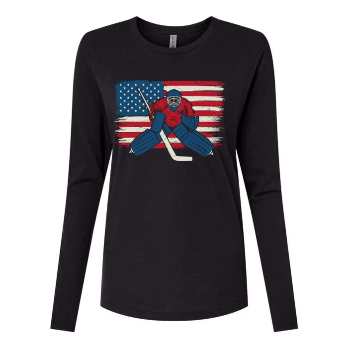 Patriotic American Ice Hockey Goalie Player Usa Flag Lover Gift Womens Cotton Relaxed Long Sleeve T-Shirt