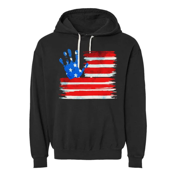 Painted American Flag Hand Print Garment-Dyed Fleece Hoodie