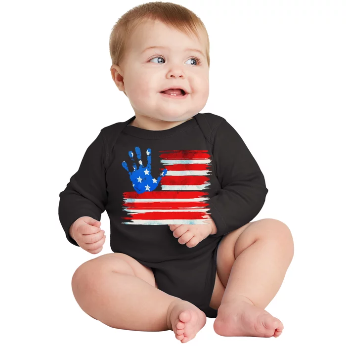 Painted American Flag Hand Print Baby Long Sleeve Bodysuit