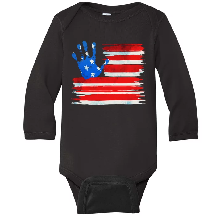 Painted American Flag Hand Print Baby Long Sleeve Bodysuit