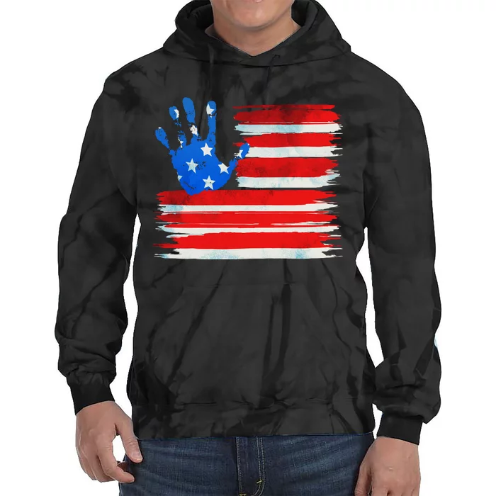 Painted American Flag Hand Print Tie Dye Hoodie