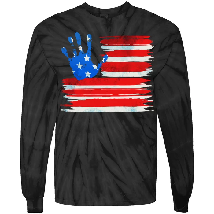 Painted American Flag Hand Print Tie-Dye Long Sleeve Shirt