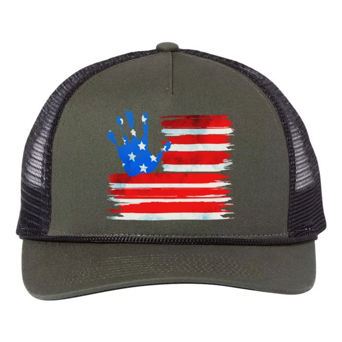 Painted American Flag Hand Print Retro Rope Trucker Hat Cap