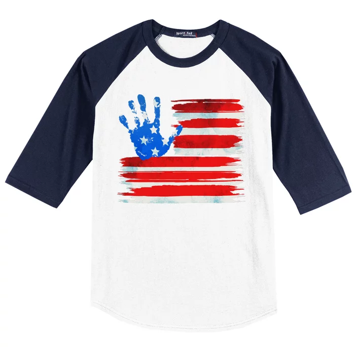 Painted American Flag Hand Print Baseball Sleeve Shirt