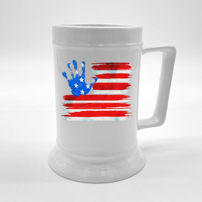 Painted American Flag Hand Print Front & Back Beer Stein