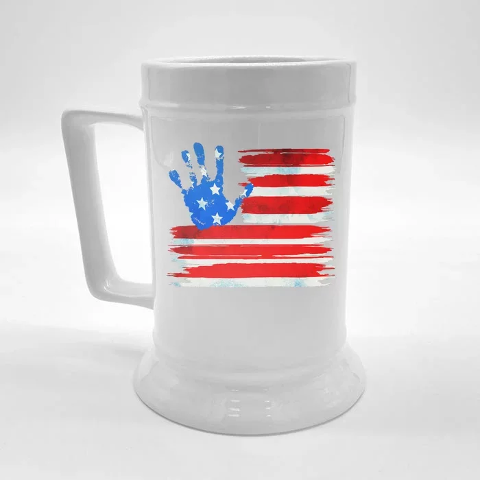 Painted American Flag Hand Print Front & Back Beer Stein