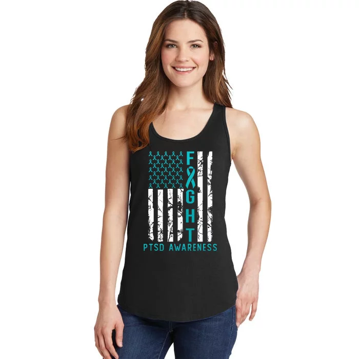 PTSD Awareness June USA Flag Ribbon Teal Ladies Essential Tank