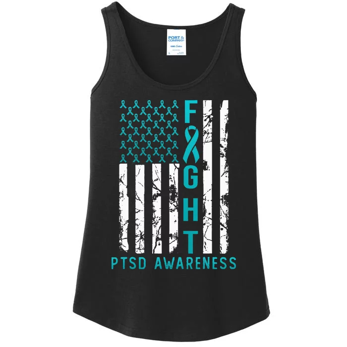 PTSD Awareness June USA Flag Ribbon Teal Ladies Essential Tank