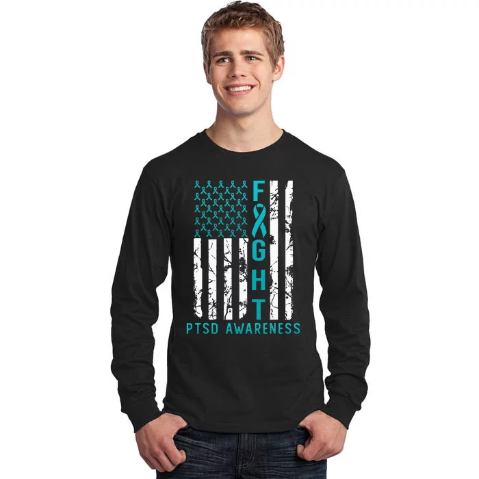 PTSD Awareness June USA Flag Ribbon Teal Tall Long Sleeve T-Shirt