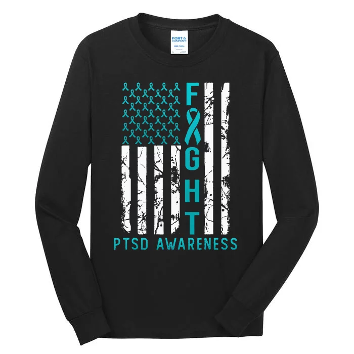 PTSD Awareness June USA Flag Ribbon Teal Tall Long Sleeve T-Shirt