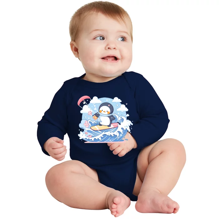 Penguin As Kite Surfer Design Kite Surfing Gift Baby Long Sleeve Bodysuit