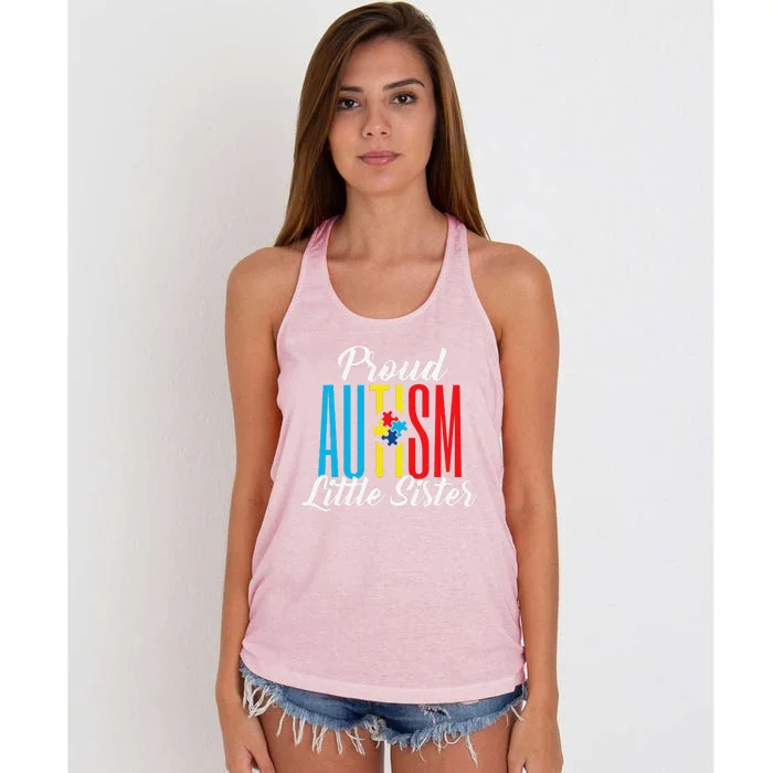 Proud Autism Little Sister Awareness Support Funny Women's Knotted Racerback Tank