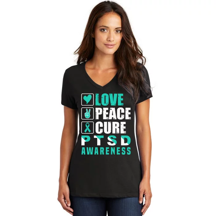 Ptsd Awareness Love Peace Cure Teal Ribbon Women's V-Neck T-Shirt