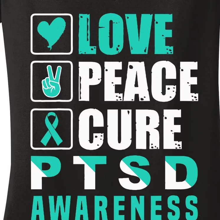 Ptsd Awareness Love Peace Cure Teal Ribbon Women's V-Neck T-Shirt