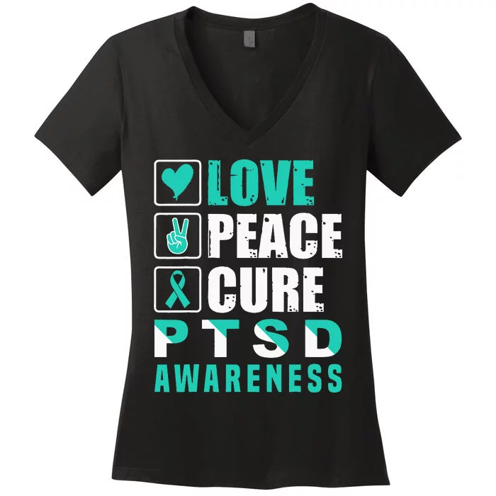 Ptsd Awareness Love Peace Cure Teal Ribbon Women's V-Neck T-Shirt