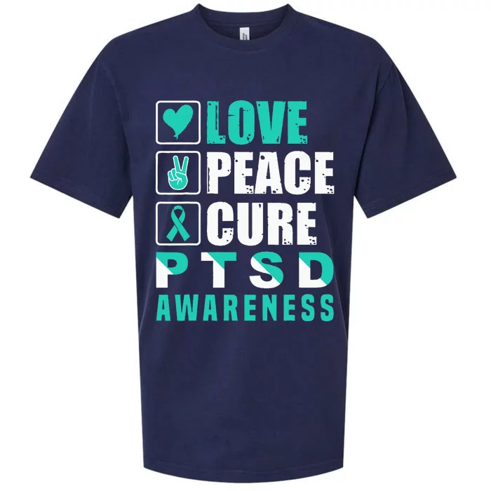 Ptsd Awareness Love Peace Cure Teal Ribbon Sueded Cloud Jersey T-Shirt