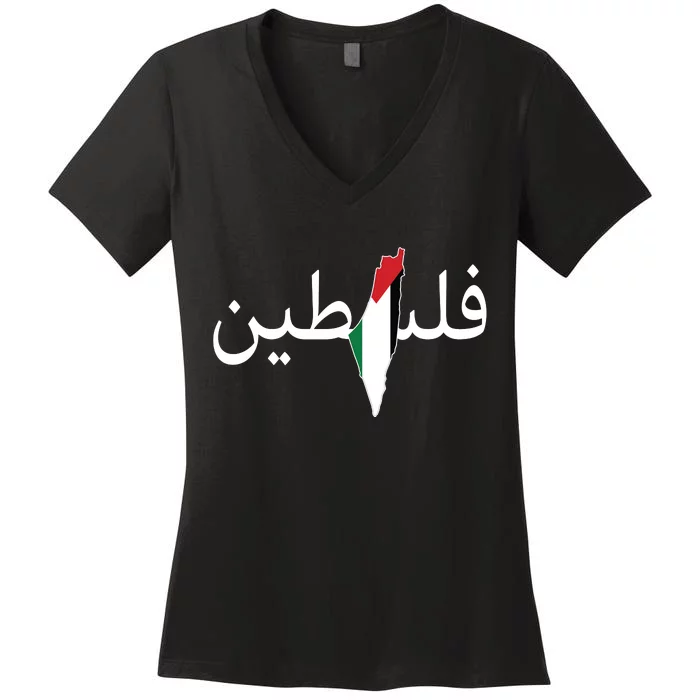 Palestine Arabic Map Flag Colors Women's V-Neck T-Shirt