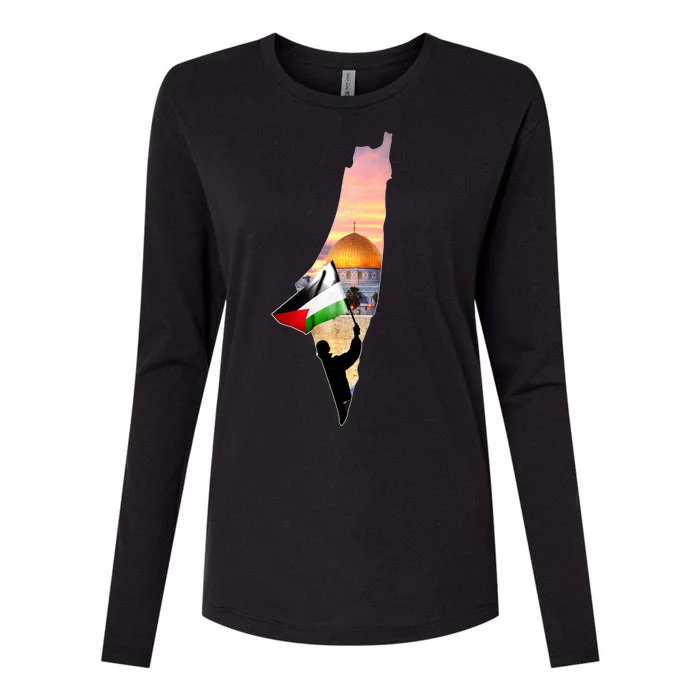 Palestine Map Flag Jerusalem's City Support Gaza Womens Cotton Relaxed Long Sleeve T-Shirt