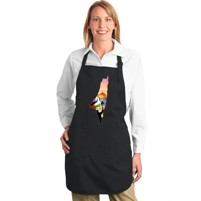 Palestine Map Flag Jerusalem's City Support Gaza Full-Length Apron With Pocket