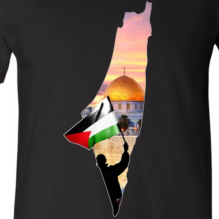 Palestine Map Flag Jerusalem's City Support Gaza V-Neck T-Shirt