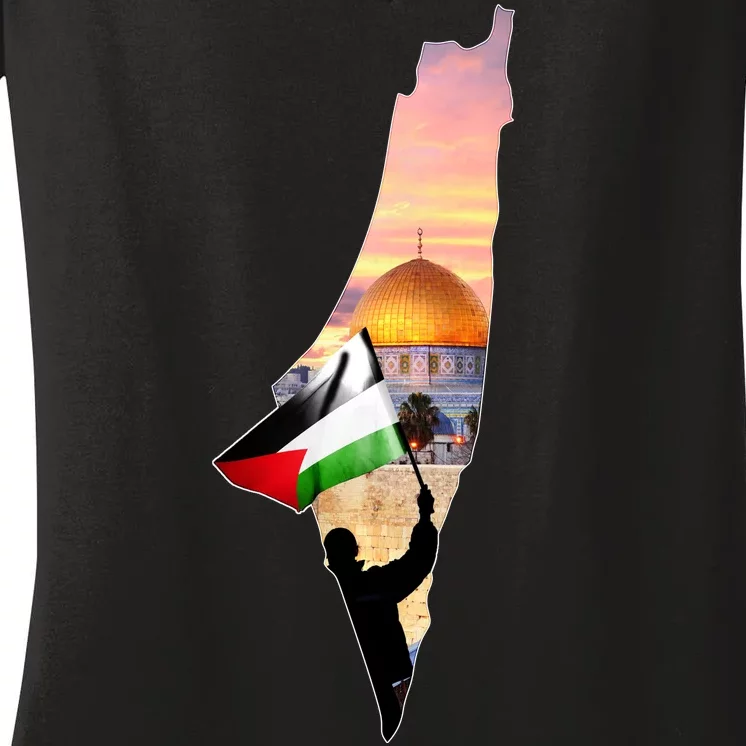 Palestine Map Flag Jerusalem's City Support Gaza Women's V-Neck T-Shirt