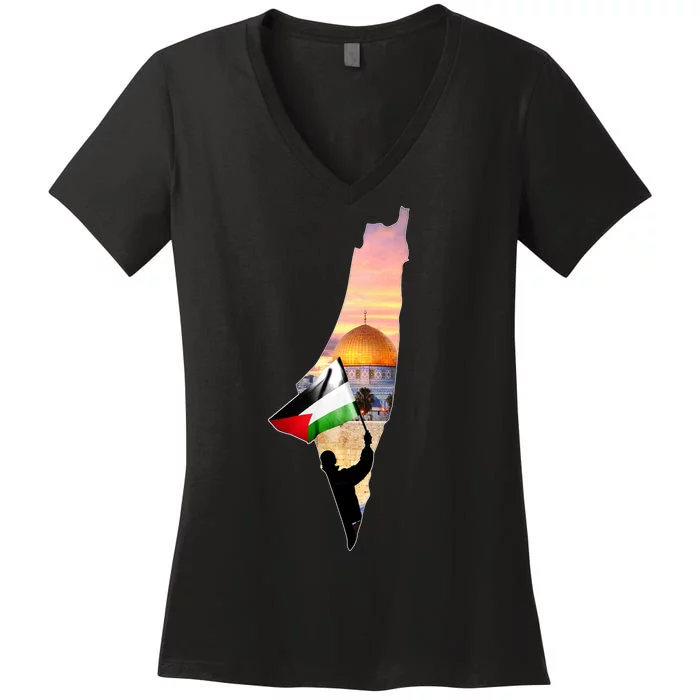 Palestine Map Flag Jerusalem's City Support Gaza Women's V-Neck T-Shirt