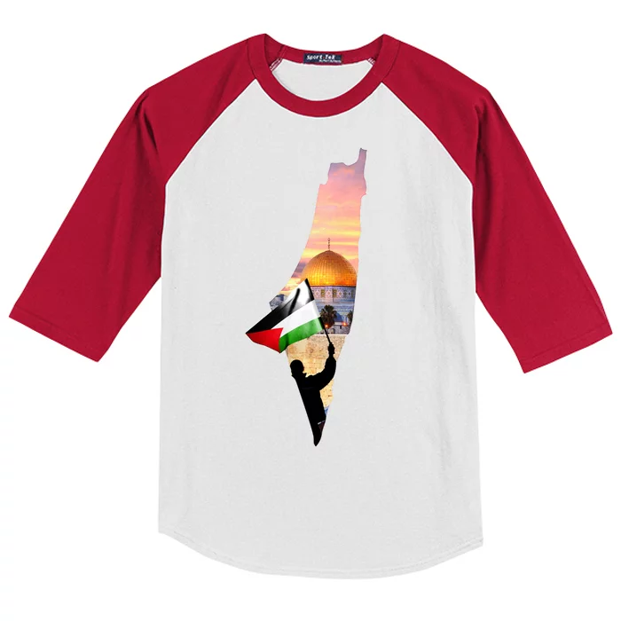 Palestine Map Flag Jerusalem's City Support Gaza Kids Colorblock Raglan Jersey