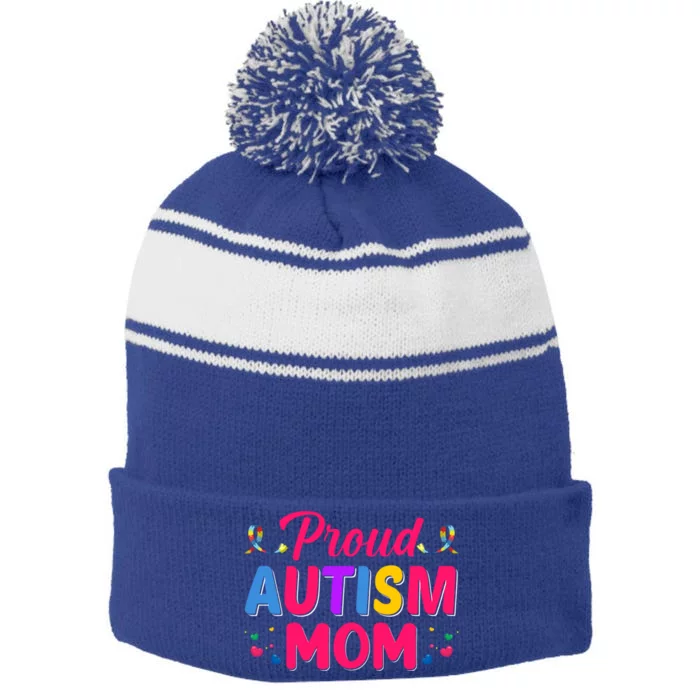 Proud Autism Mom Gift Stripe Pom Pom Beanie