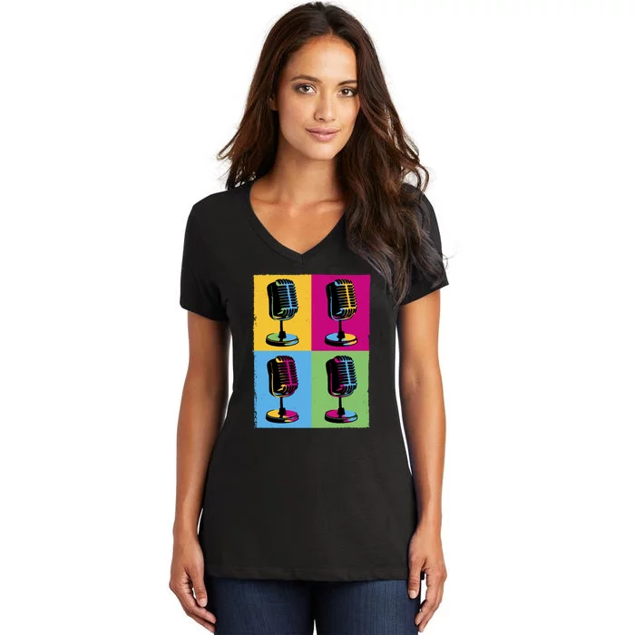 Pop Art Microphone Music Women's V-Neck T-Shirt