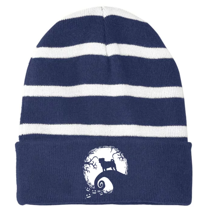 Pug And Moon Halloween Striped Beanie with Solid Band