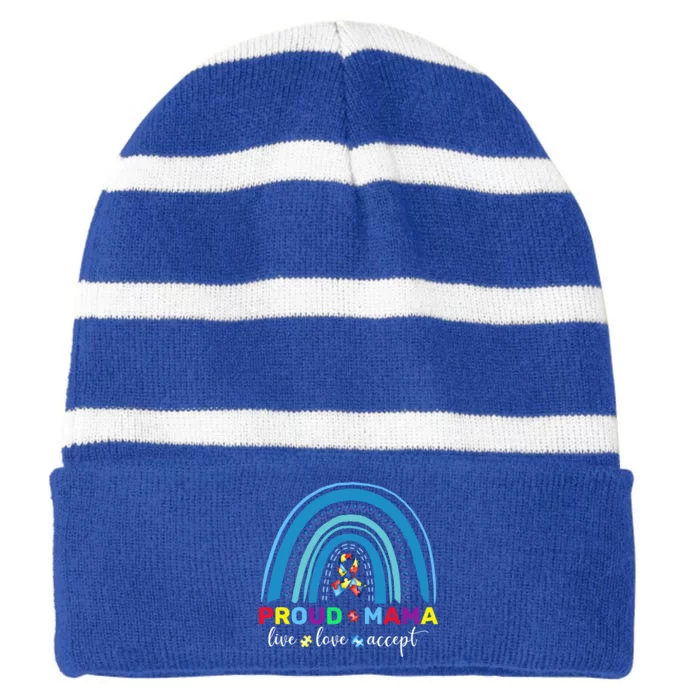 Proud Autism Mom Blue Rainbow Proud Mama Autism Awareness Gift Striped Beanie with Solid Band